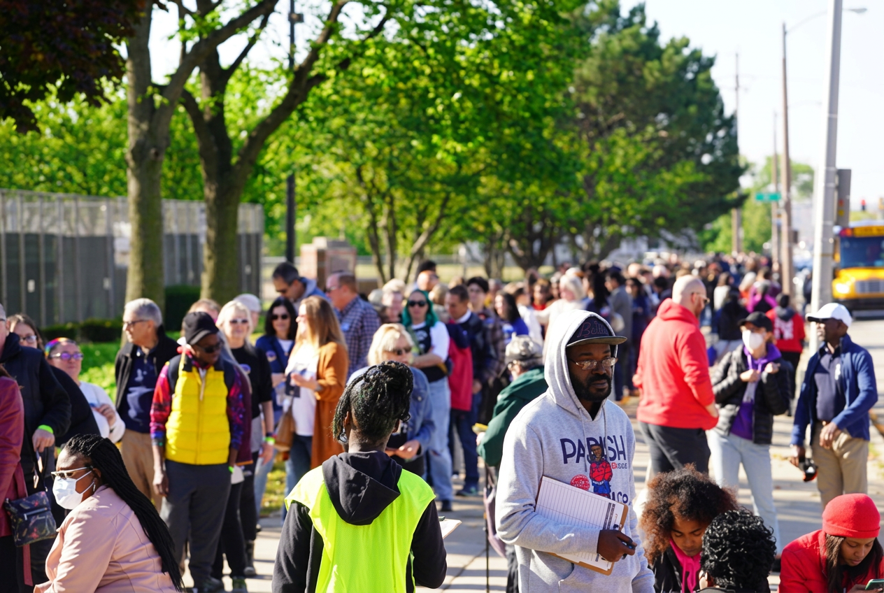 A diverse, intergenerational line of voters waits outdoors on a bright summer day beneath green trees — the community turnout Project Mobilize is built to grow.