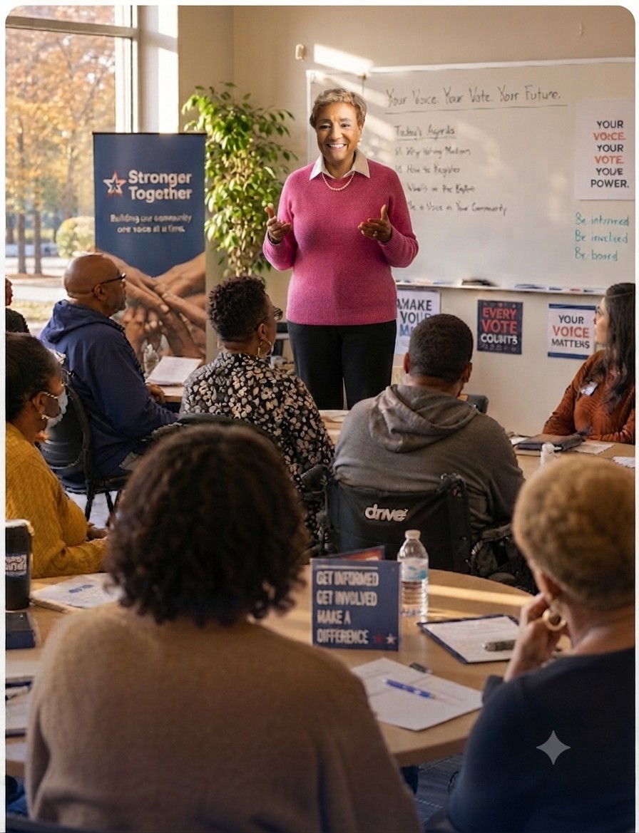 Dr. Karen Bennett leads a voter education workshop for a seated, diverse audience in a classroom setting